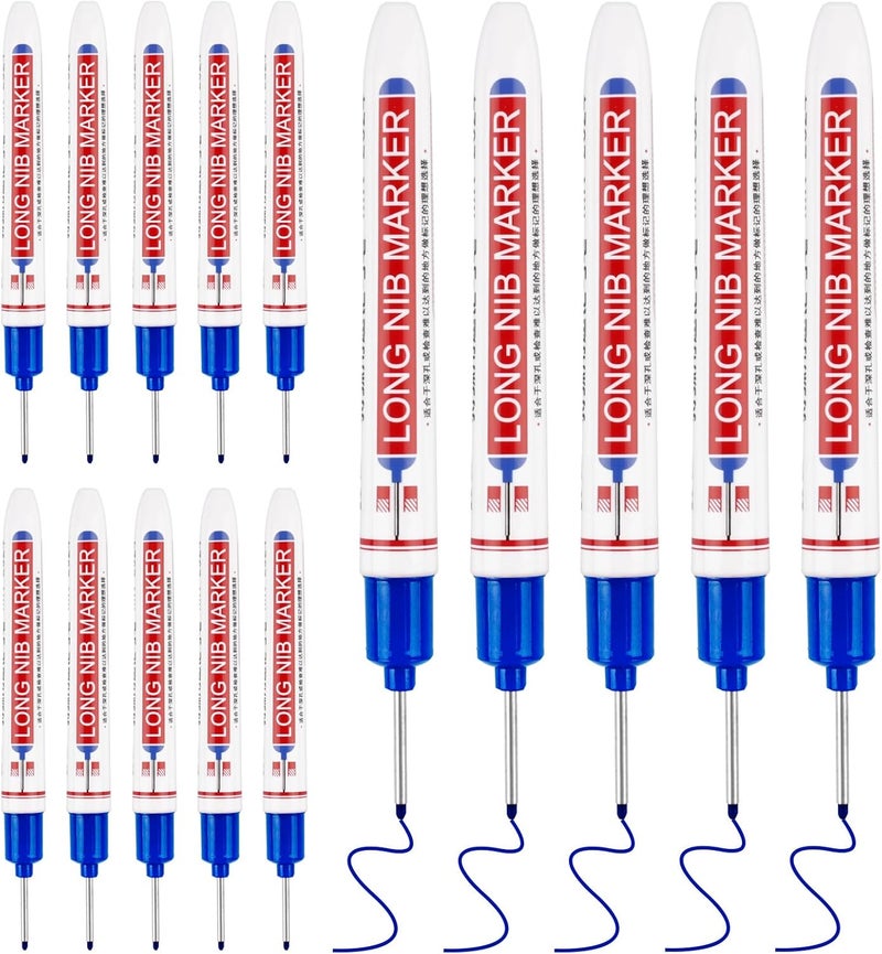 Mkobon 15 Pcs Long Head Deep Hole Marker, 20 mm Long Nose Nib Deep Reach Metal Marking Pen, Quick-drying Waterproof Permanent Pens For Carpenter, Woodworking, Construction (Blue) - Image 1